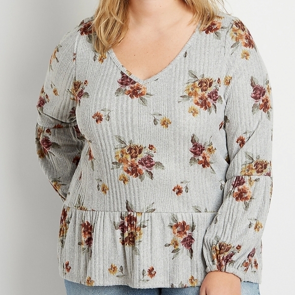 Maurices Tops - Maurices Plus Size Gray Floral Ribbed Peplum Long Sleeve Shirt size 3X
